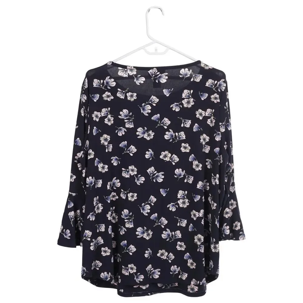 NWT CARMEN MARC VALVO Top 1X Navy Blue Floral Print Flounce 3/4 Sleeve Stretch